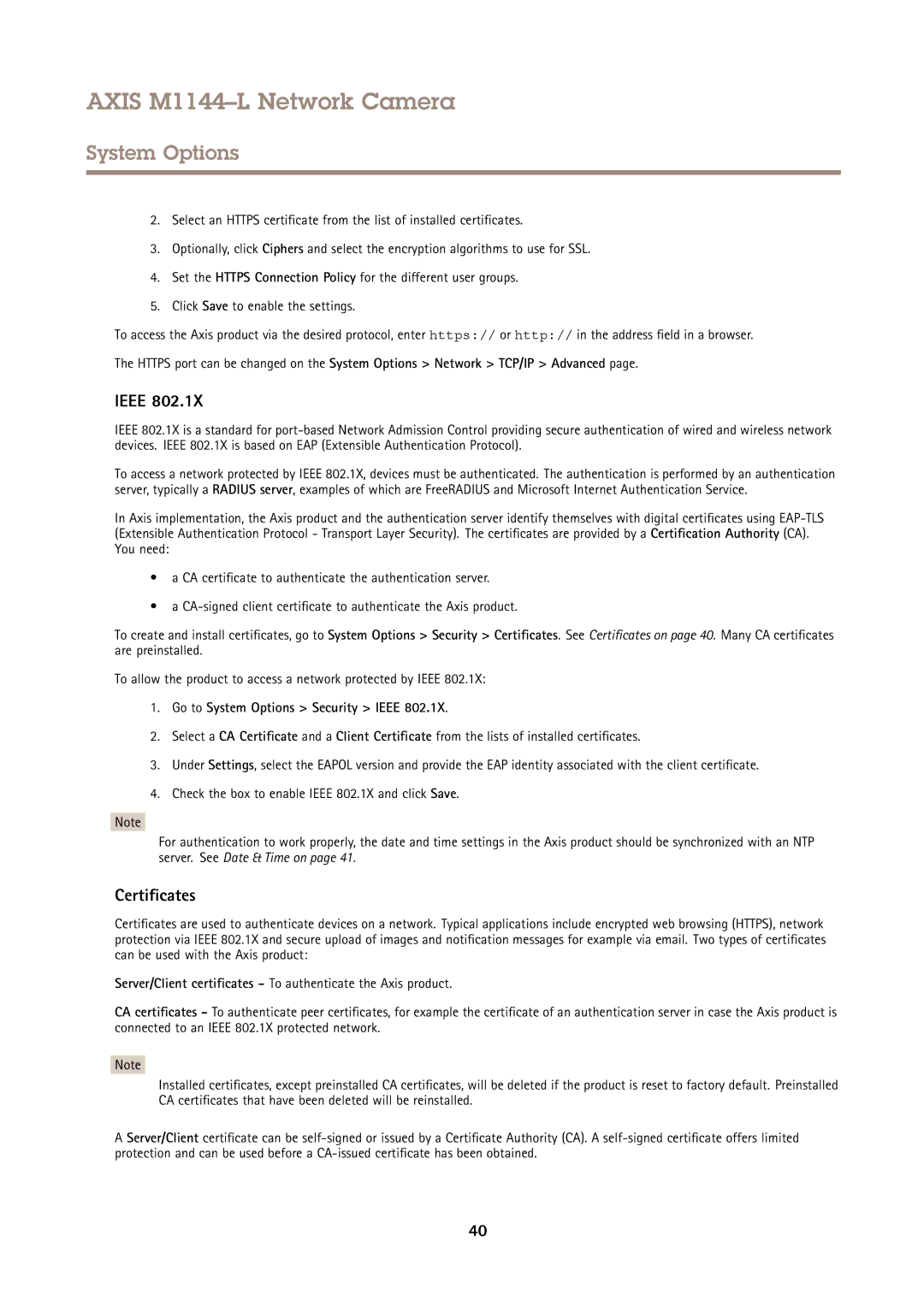 Axis Communications AXIS M1144-L user manual Certificates, Go to System Options Security Ieee 