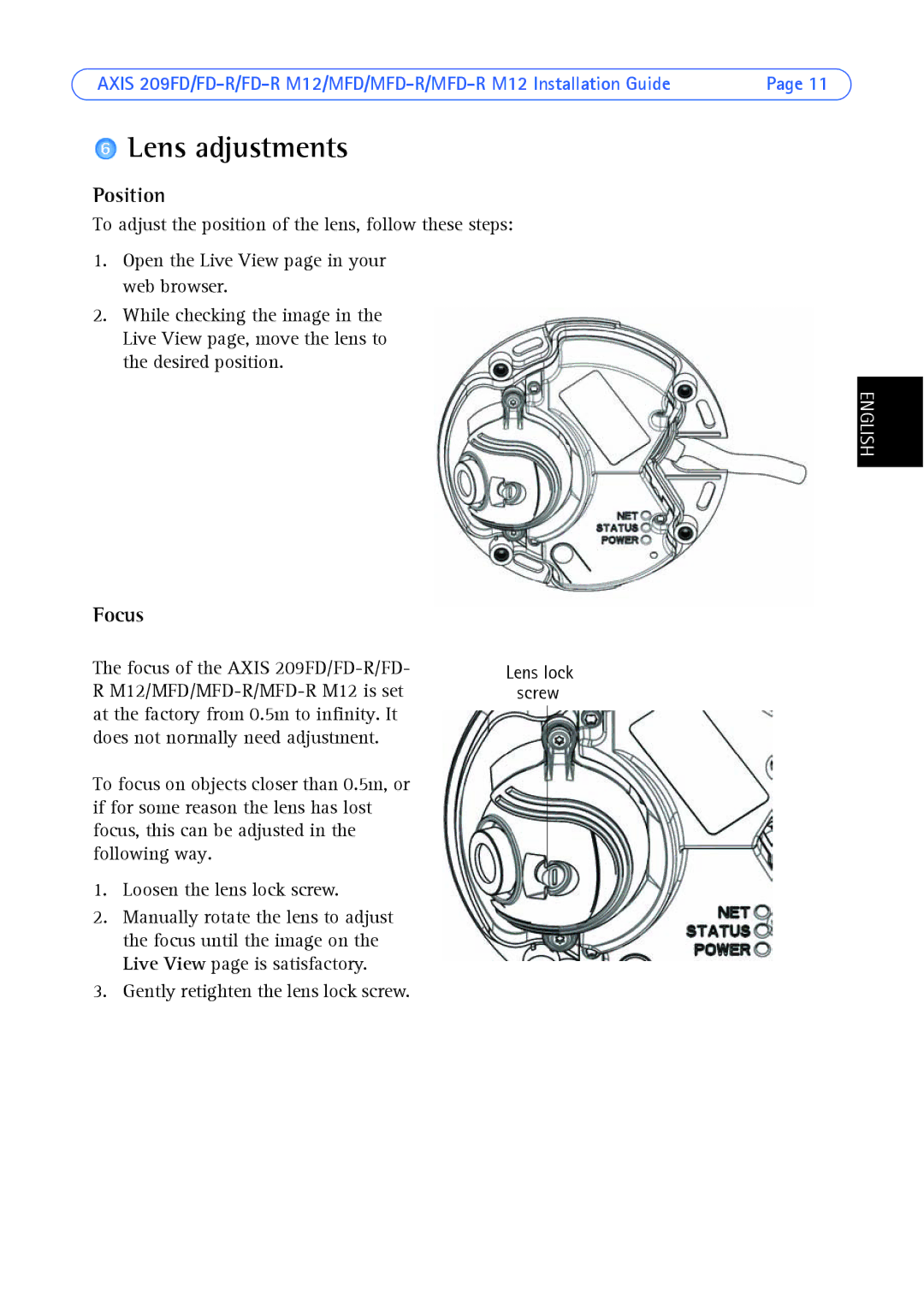 Axis Communications AXIS MFD-R M12 manual Lens adjustments, Position, Focus 