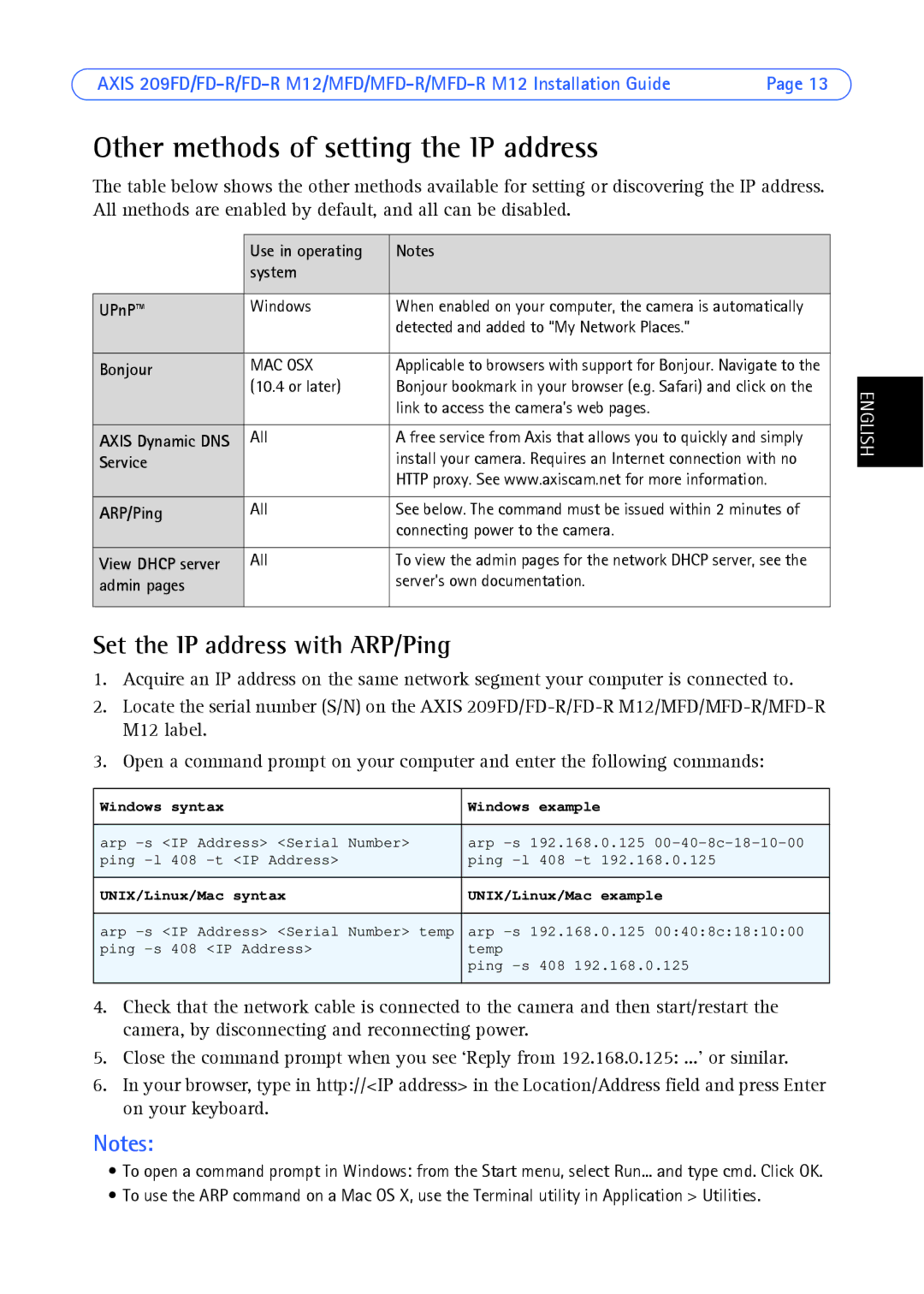 Axis Communications AXIS MFD-R M12 manual Other methods of setting the IP address, Set the IP address with ARP/Ping 