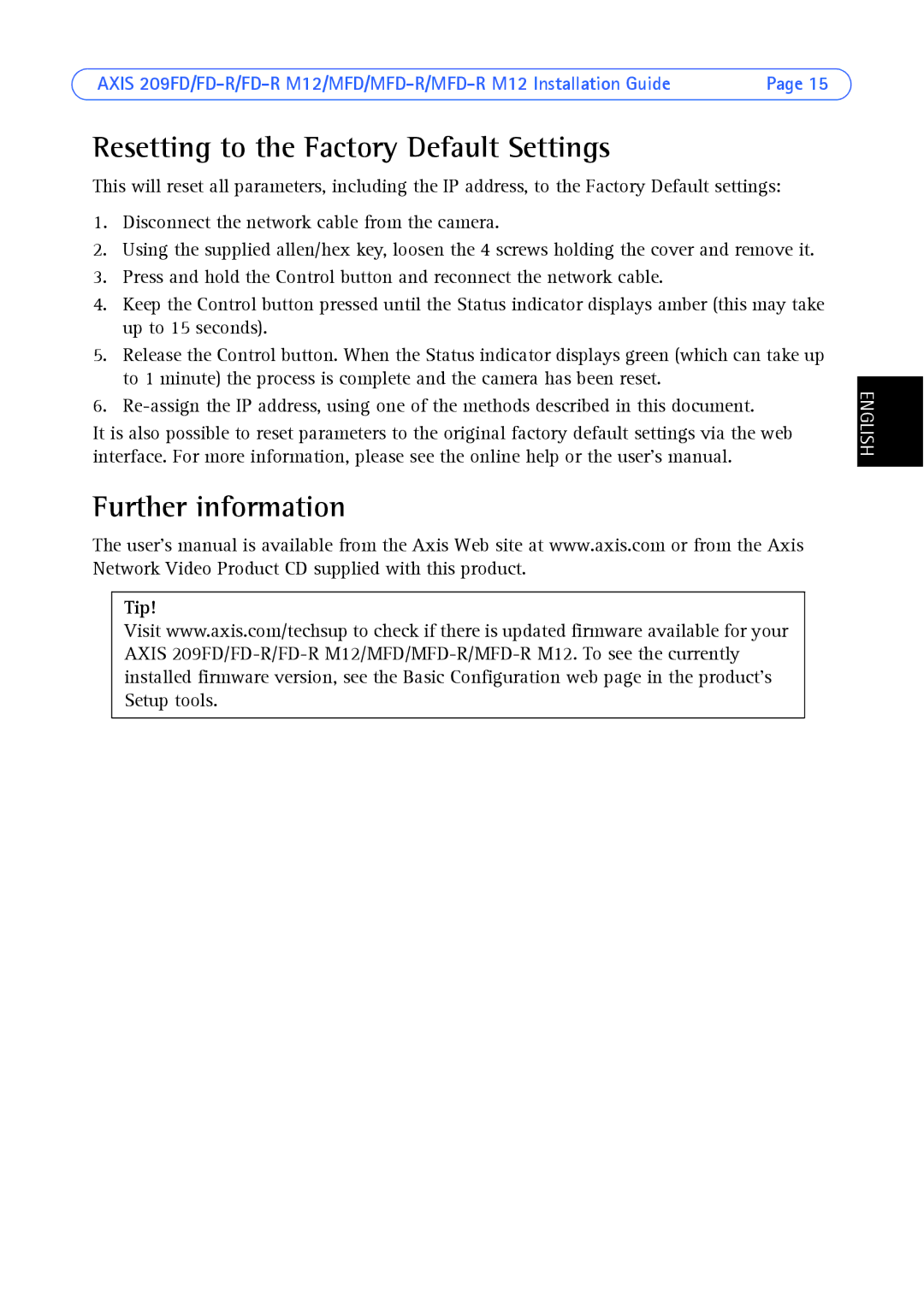 Axis Communications AXIS MFD-R M12 manual Resetting to the Factory Default Settings, Further information 