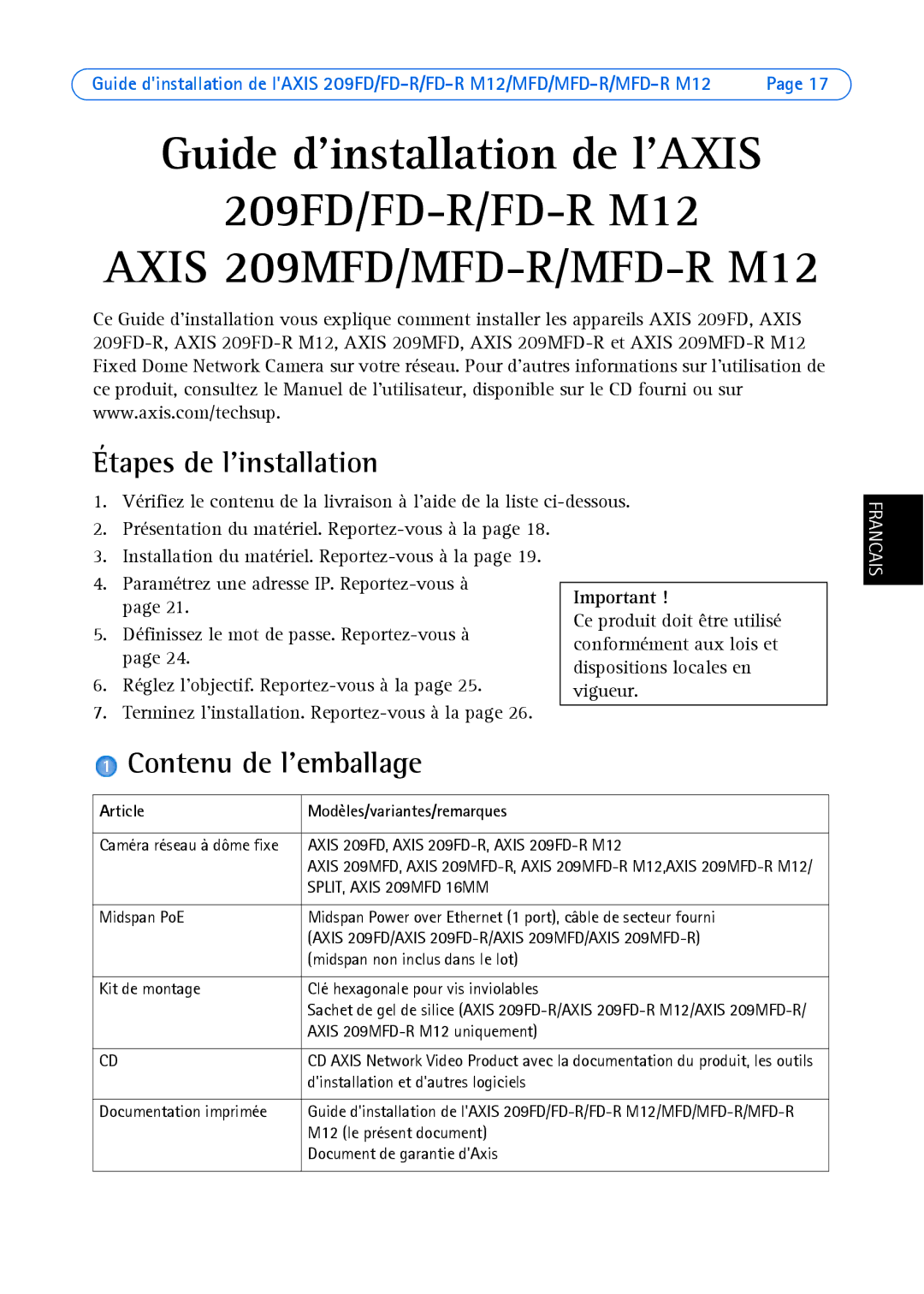 Axis Communications AXIS MFD-R manual Étapes de linstallation, Contenu de lemballage, Article Modèles/variantes/remarques 