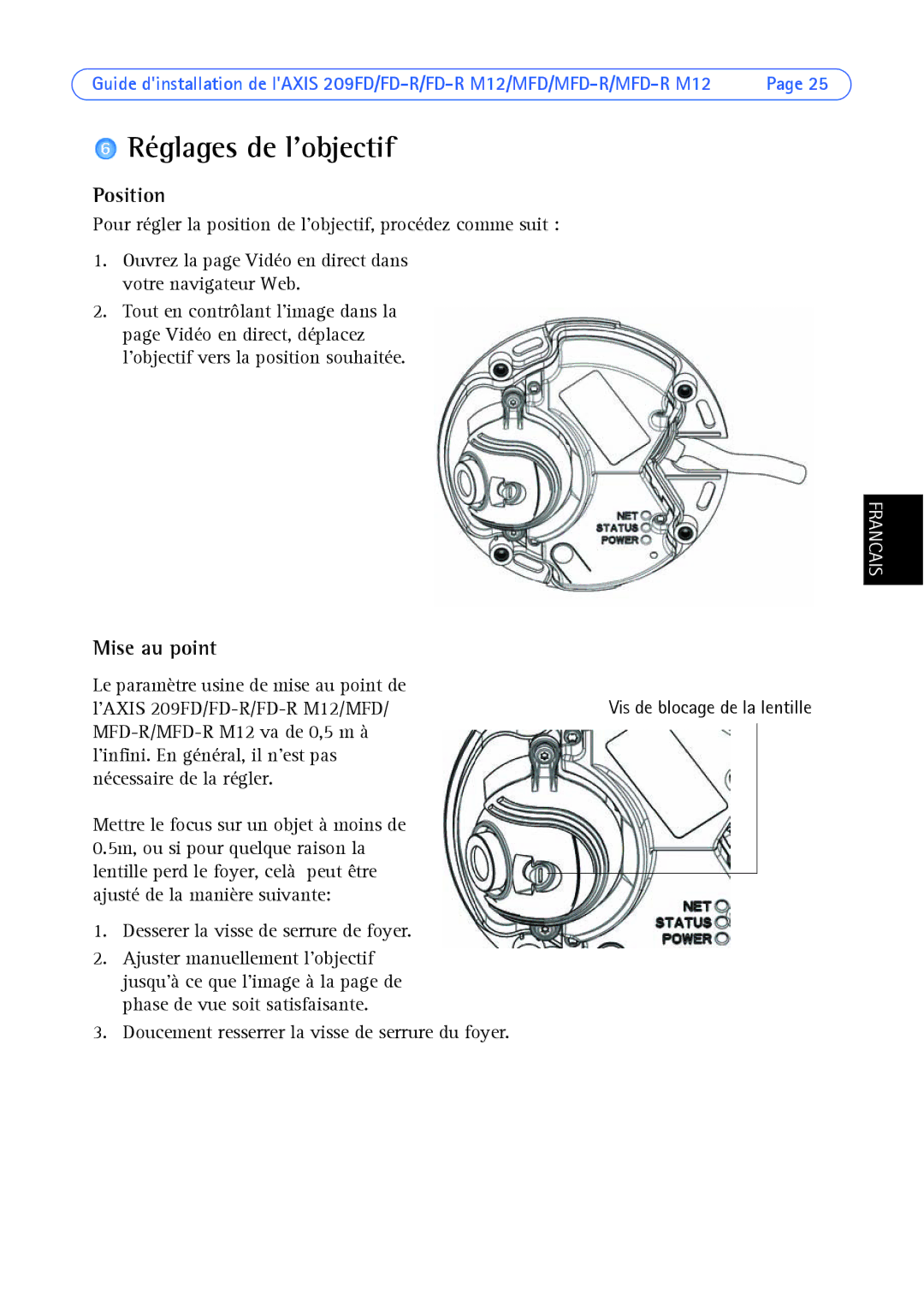 Axis Communications AXIS MFD-R M12 manual Réglages de lobjectif, Mise au point 