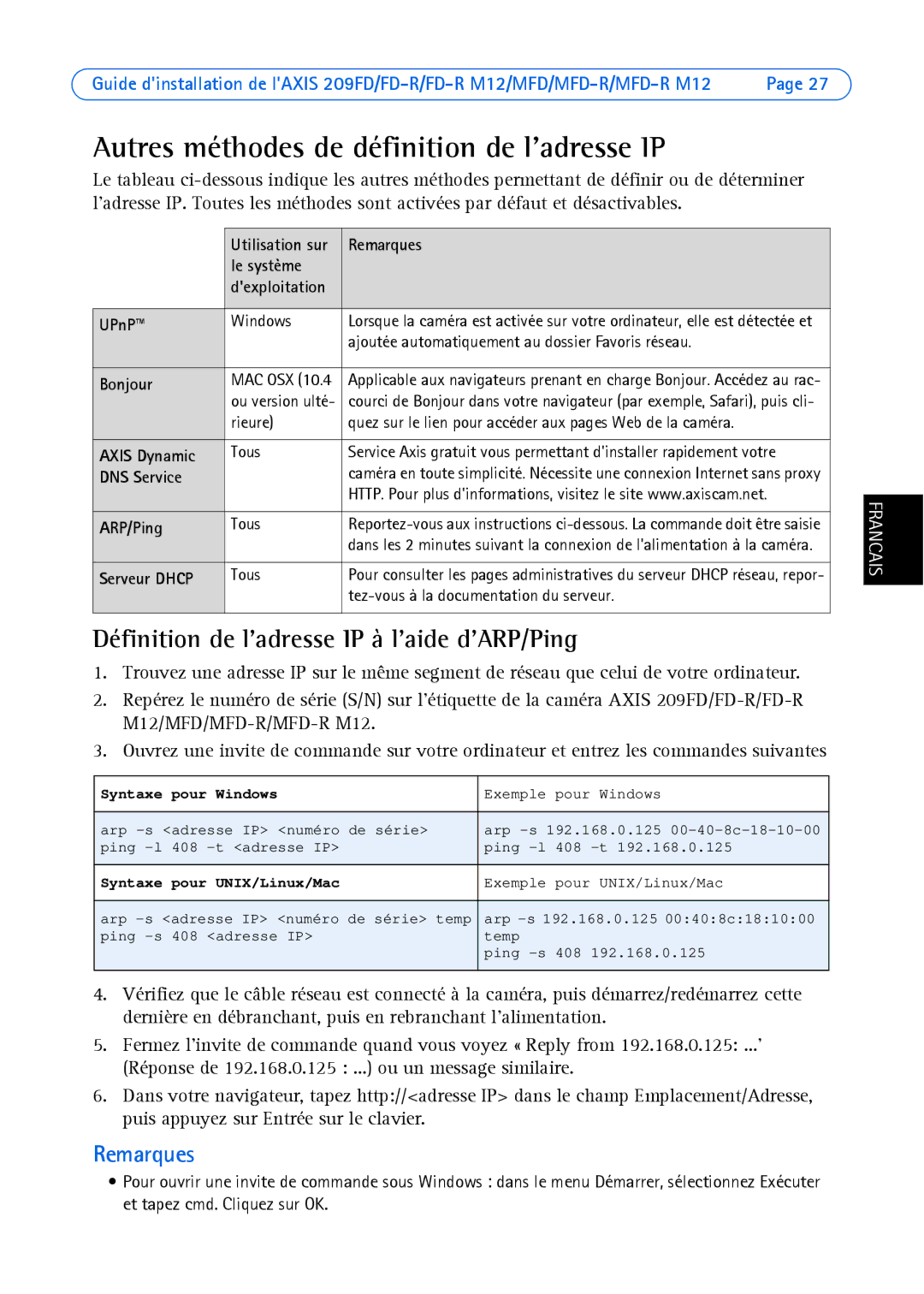 Axis Communications AXIS MFD-R Autres méthodes de définition de ladresse IP, Définition de ladresse IP à laide dARP/Ping 