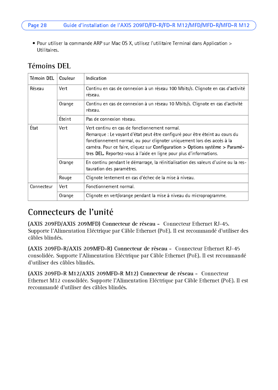 Axis Communications AXIS MFD-R M12 manual Connecteurs de lunité, Témoins DEL, Couleur Indication 