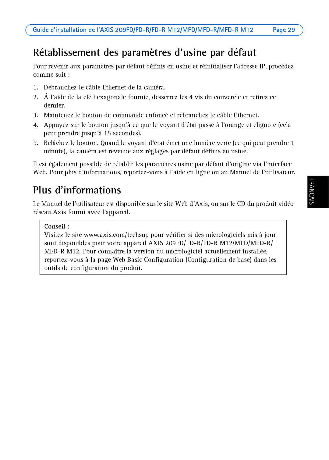 Axis Communications AXIS MFD-R M12 manual Rétablissement des paramètres dusine par défaut, Plus dinformations 