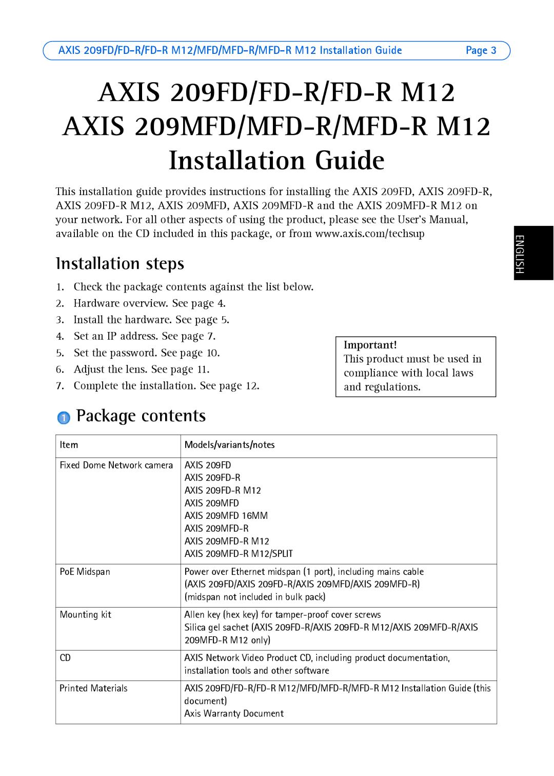 Axis Communications AXIS MFD-R M12 manual Installation steps, Package contents 