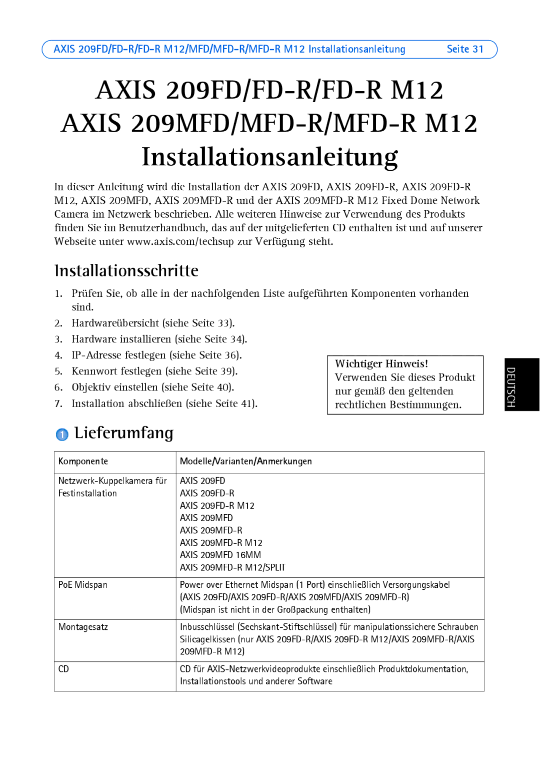 Axis Communications AXIS MFD-R manual Installationsschritte, Lieferumfang, Komponente Modelle/Varianten/Anmerkungen 