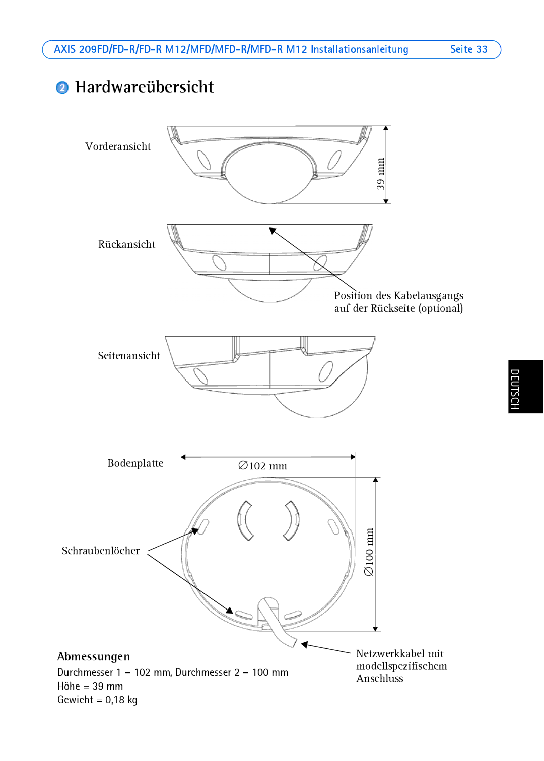 Axis Communications AXIS MFD-R M12 manual Hardwareübersicht, Abmessungen 