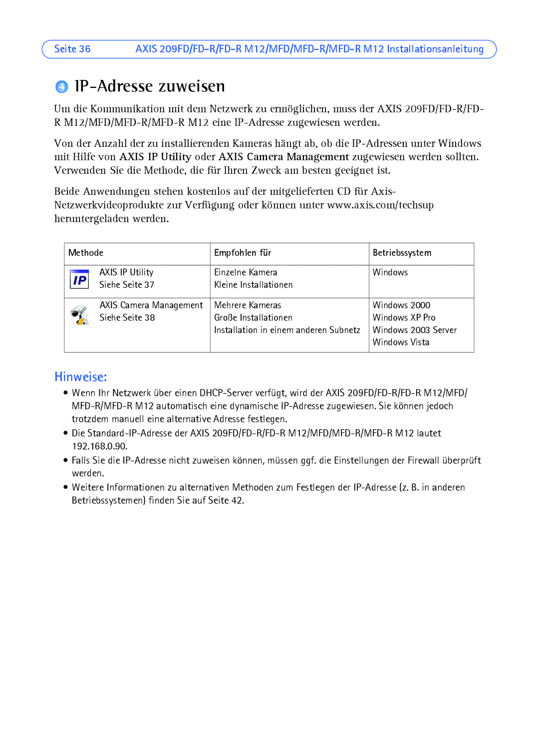 Axis Communications AXIS MFD-R M12 manual IP-Adresse zuweisen, Methode Empfohlen für Betriebssystem 