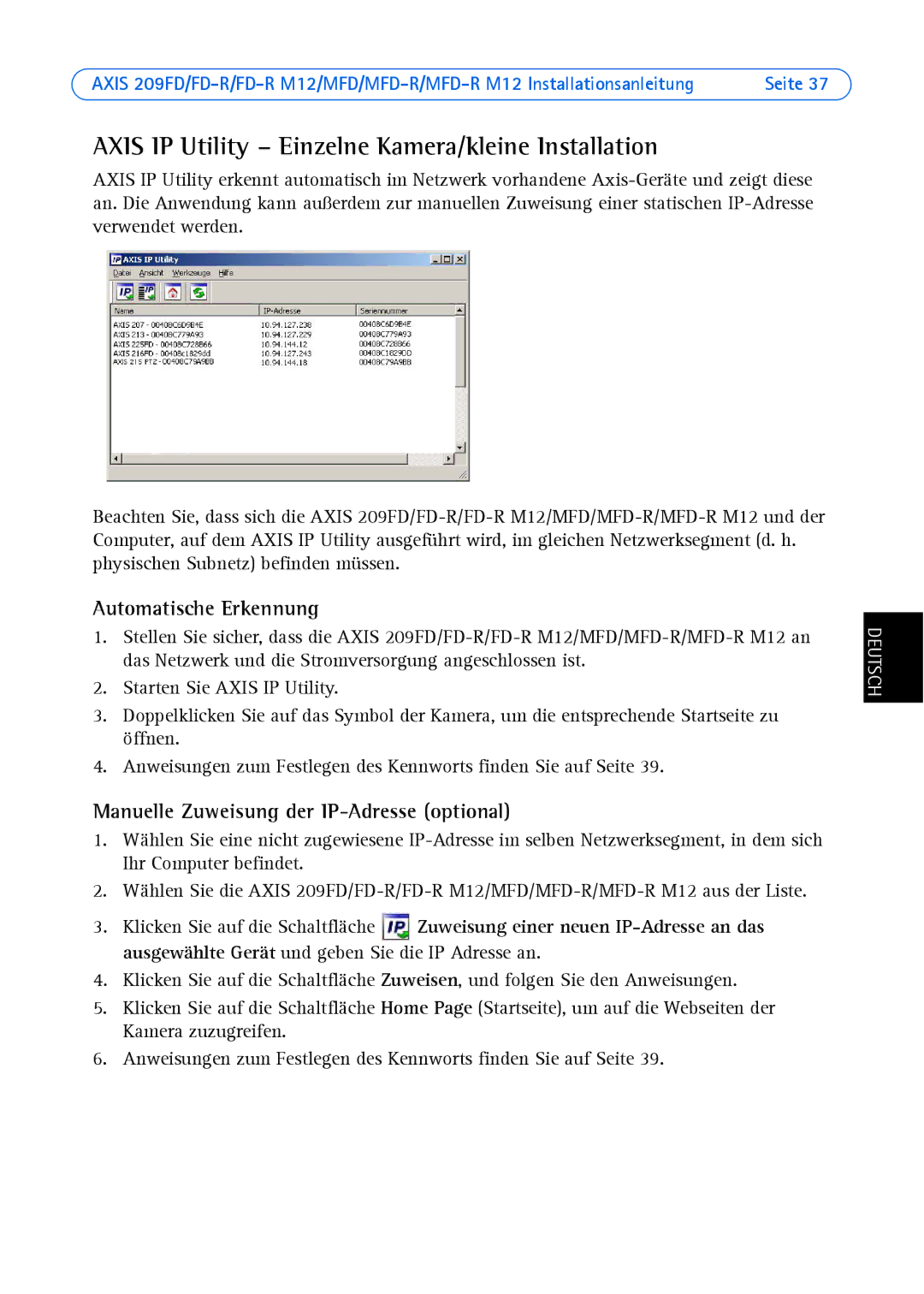 Axis Communications AXIS MFD-R M12 manual Axis IP Utility Einzelne Kamera/kleine Installation, Automatische Erkennung 