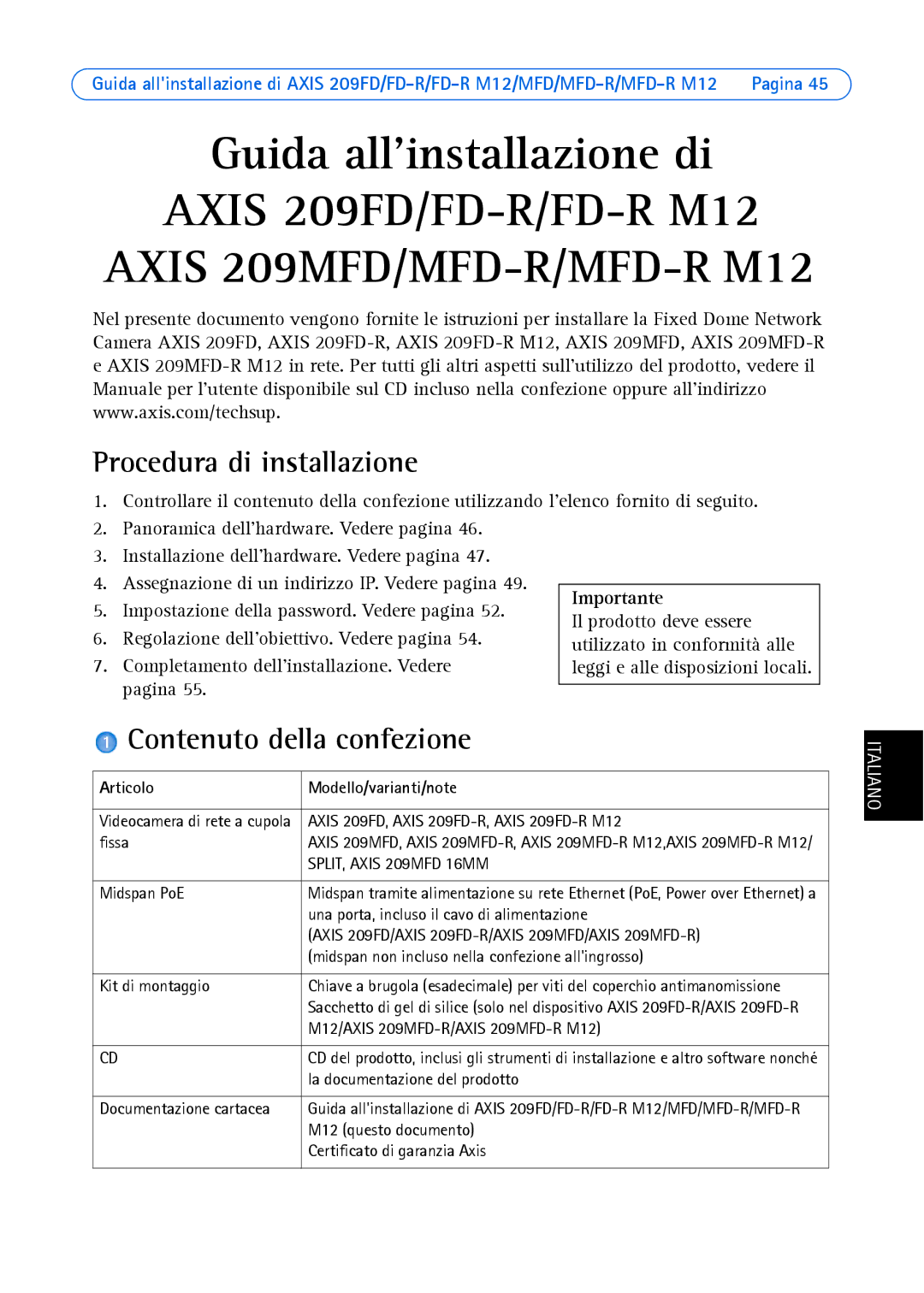 Axis Communications AXIS MFD-R Procedura di installazione, Contenuto della confezione, Articolo Modello/varianti/note 