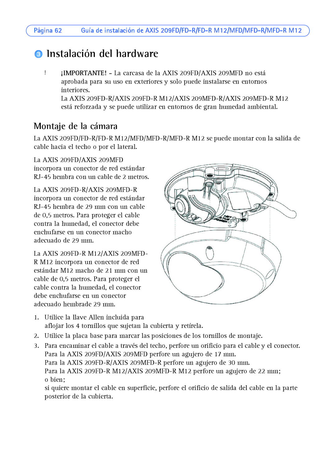 Axis Communications AXIS MFD-R M12 manual Instalación del hardware, Montaje de la cámara 