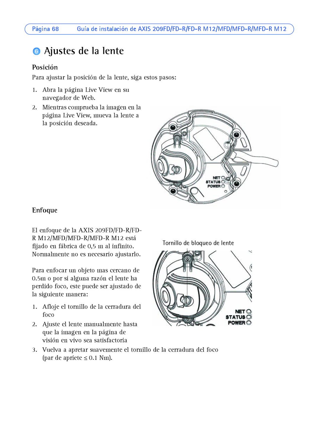 Axis Communications AXIS MFD-R M12 manual Ajustes de la lente, Posición, Enfoque 