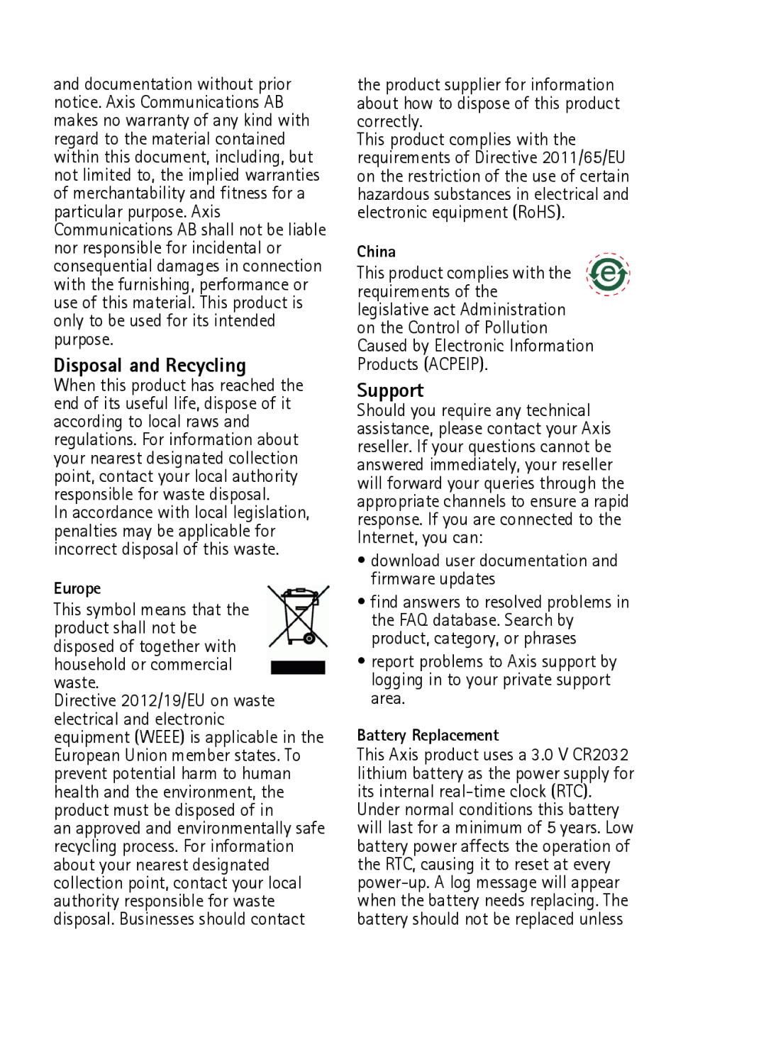 Axis Communications axis network camera manual Europe, China, Battery Replacement 