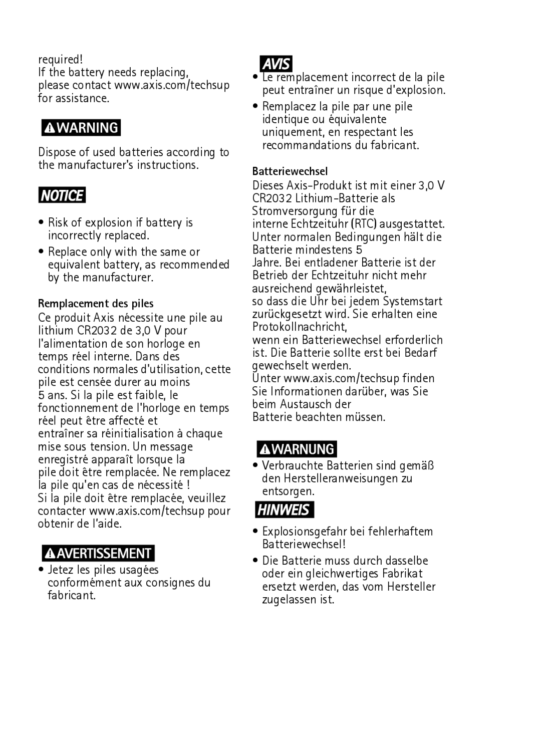 Axis Communications axis network camera manual Remplacement des piles, Batteriewechsel 