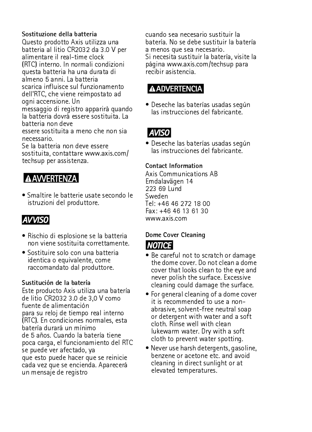 Axis Communications axis network camera manual Sostituzione della batteria, Sustitución de la batería, Contact Information 