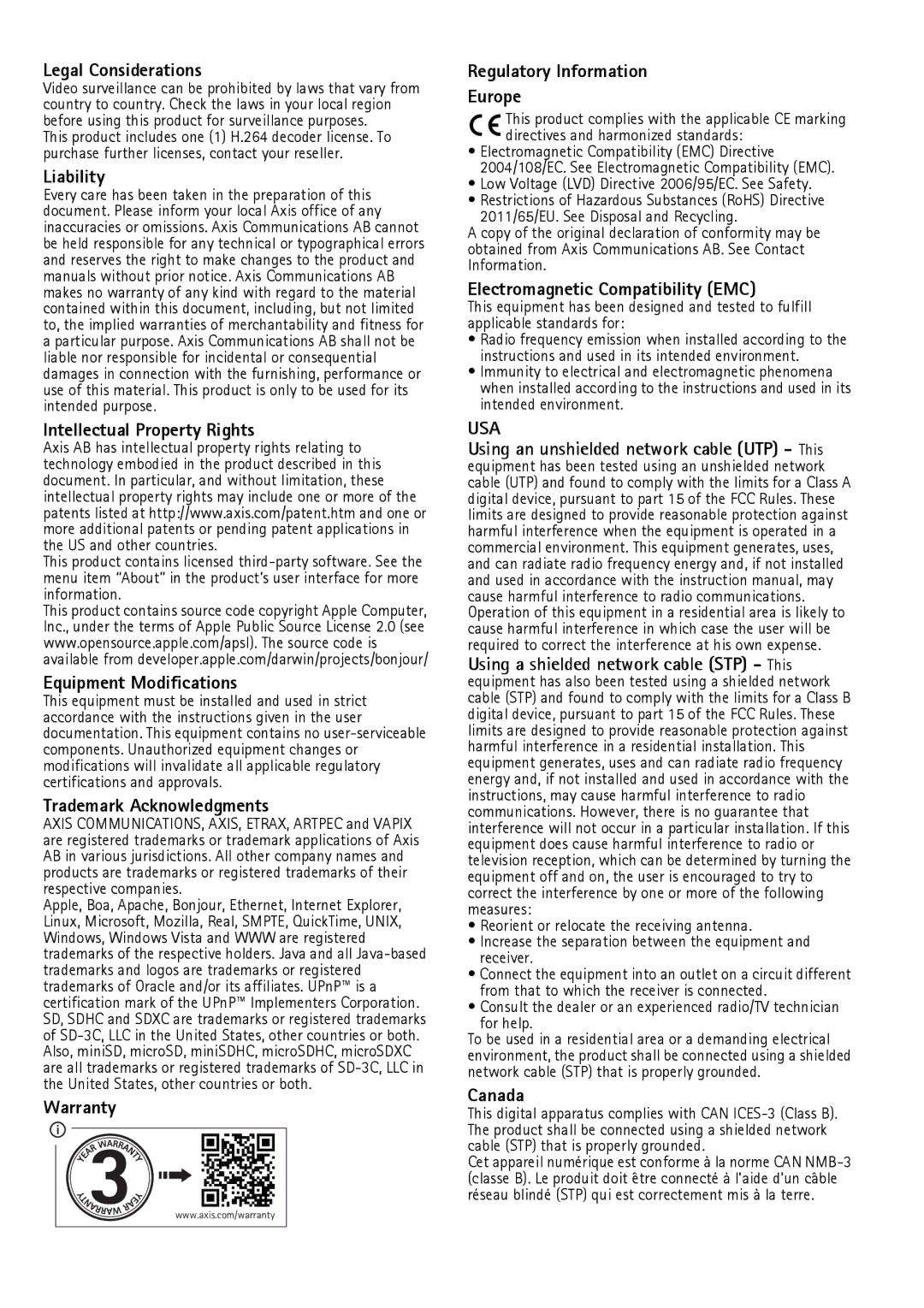 Axis Communications AXIS P3215-V Legal Considerations, Liability, Intellectual Property Rights, Equipment Modifications 