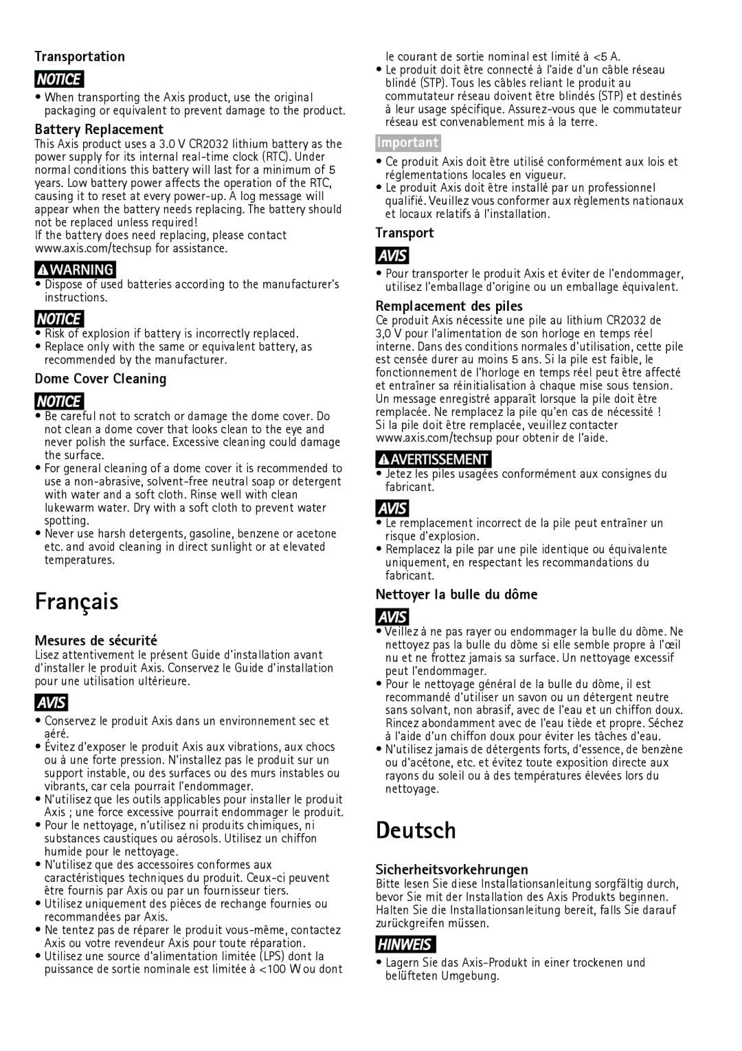 Axis Communications AXIS P3214-V, AXIS P32-V Transportation, Battery Replacement, Dome Cover Cleaning, Mesures de sécurité 