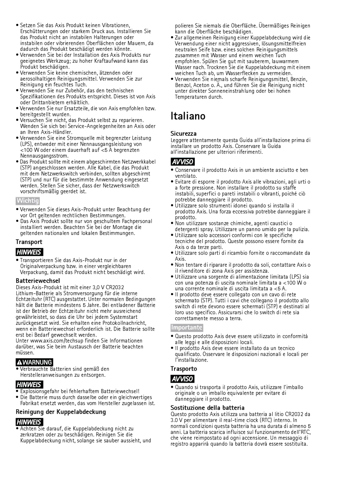 Axis Communications AXIS P3215-V, AXIS P32-V manual Batteriewechsel, Reinigung der Kuppelabdeckung, Sicurezza, Trasporto 