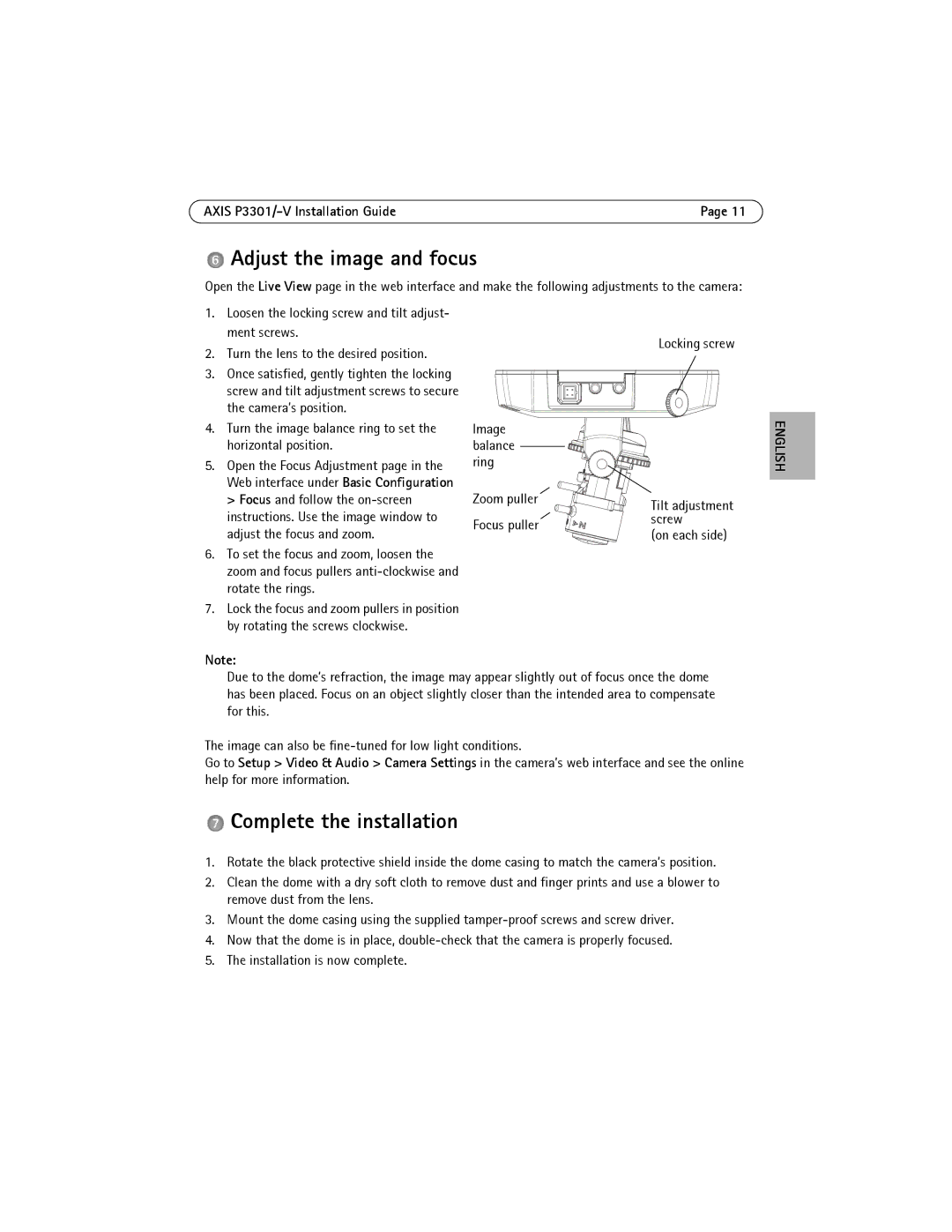 Axis Communications AXIS P3301-V manual Adjust the image and focus, Complete the installation 