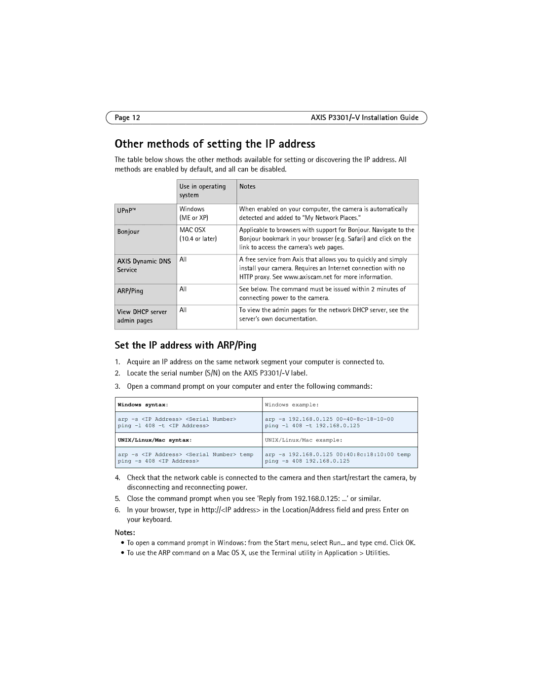 Axis Communications AXIS P3301-V manual Other methods of setting the IP address, Set the IP address with ARP/Ping 