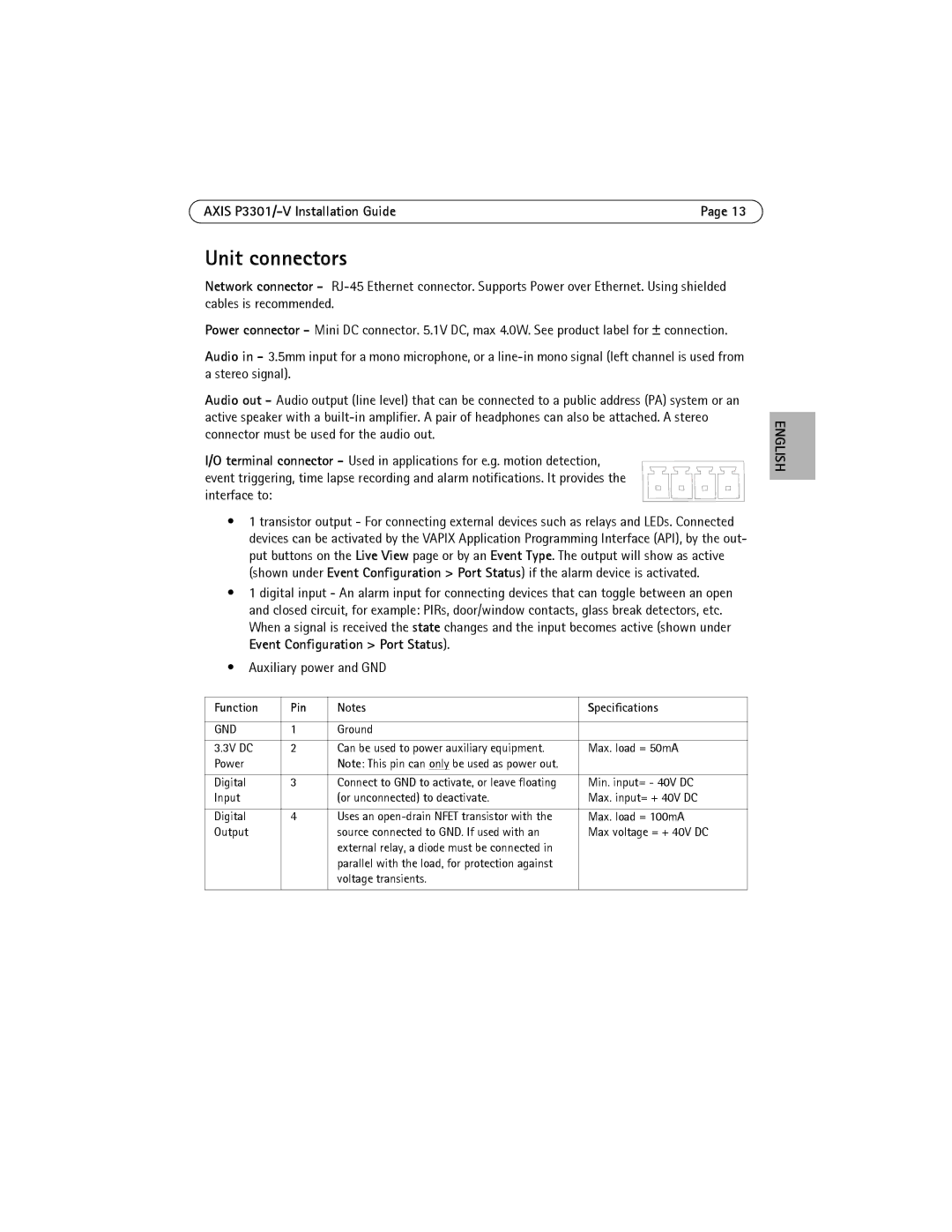 Axis Communications AXIS P3301-V manual Unit connectors, Auxiliary power and GND, Function Pin Specifications 