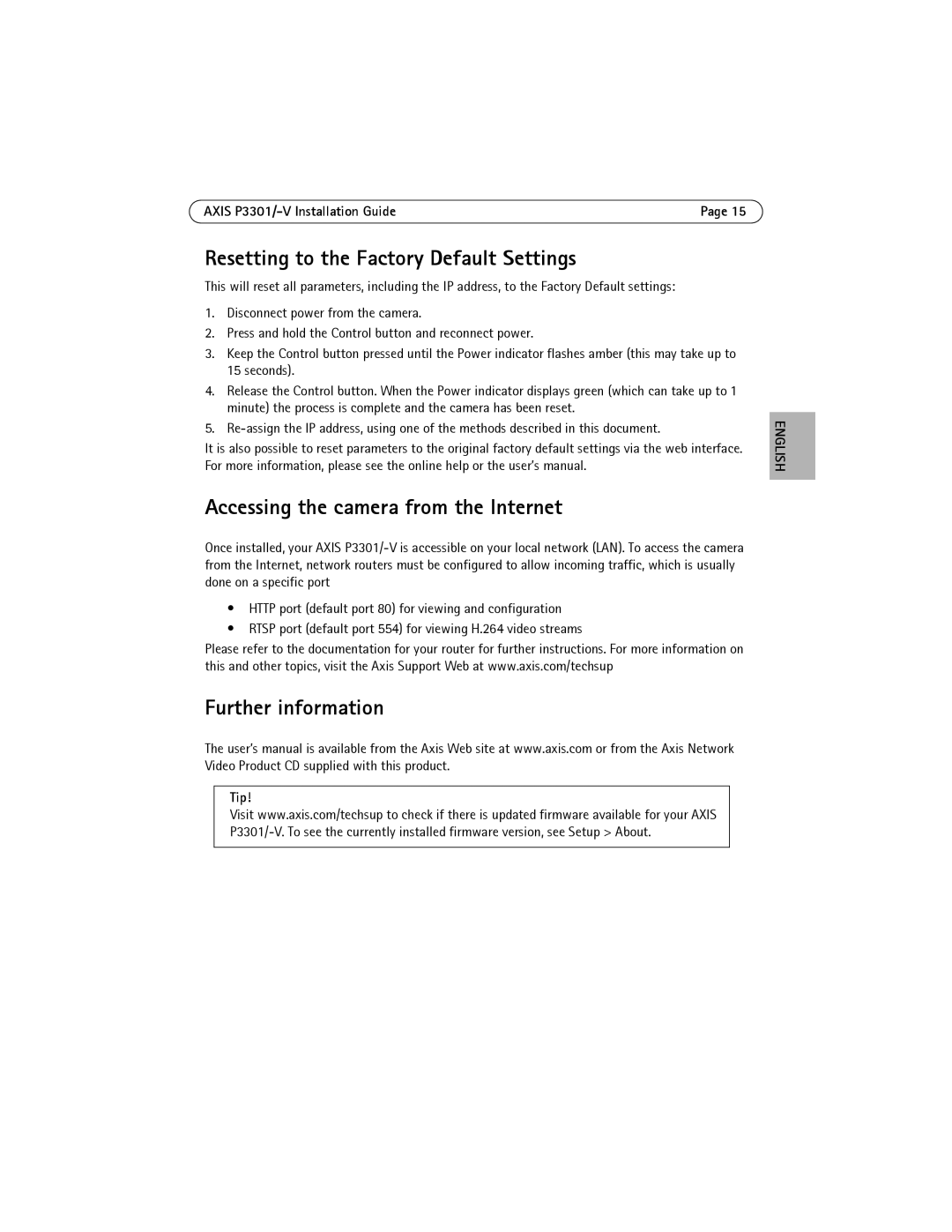 Axis Communications AXIS P3301 Resetting to the Factory Default Settings, Accessing the camera from the Internet, Tip 