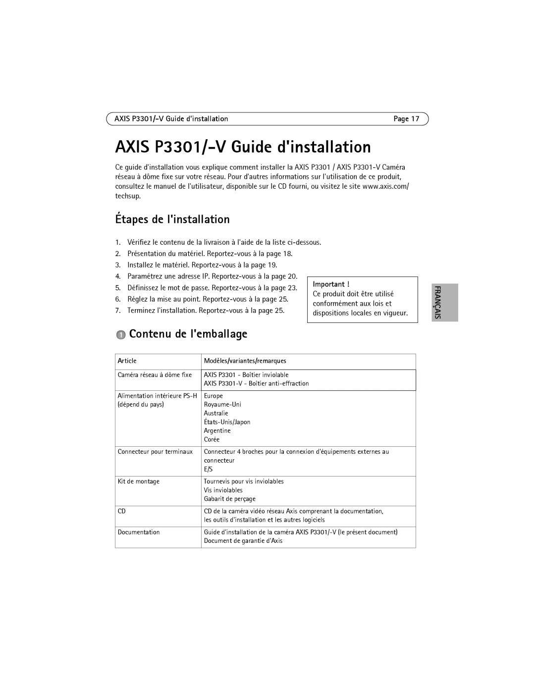 Axis Communications AXIS P3301 manual Étapes de linstallation, Contenu de lemballage, Axis P3301/-V Guide dinstallation 