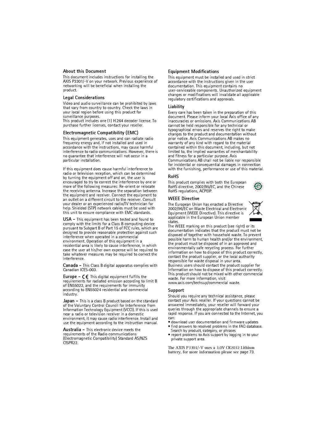 Axis Communications AXIS P3301-V About this Document, Legal Considerations, Electromagnetic Compatibility EMC, Liability 