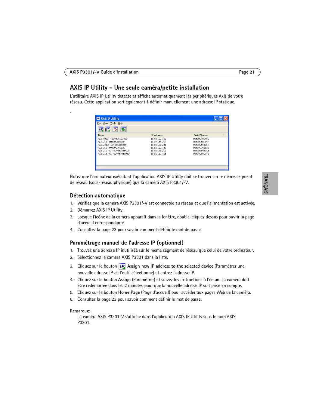 Axis Communications AXIS P3301 manual Axis IP Utility Une seule caméra/petite installation, Détection automatique, Remarque 