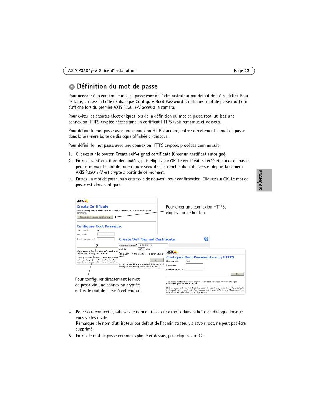 Axis Communications AXIS P3301 manual Définition du mot de passe, Pour créer une connexion HTTPS, cliquez sur ce bouton 