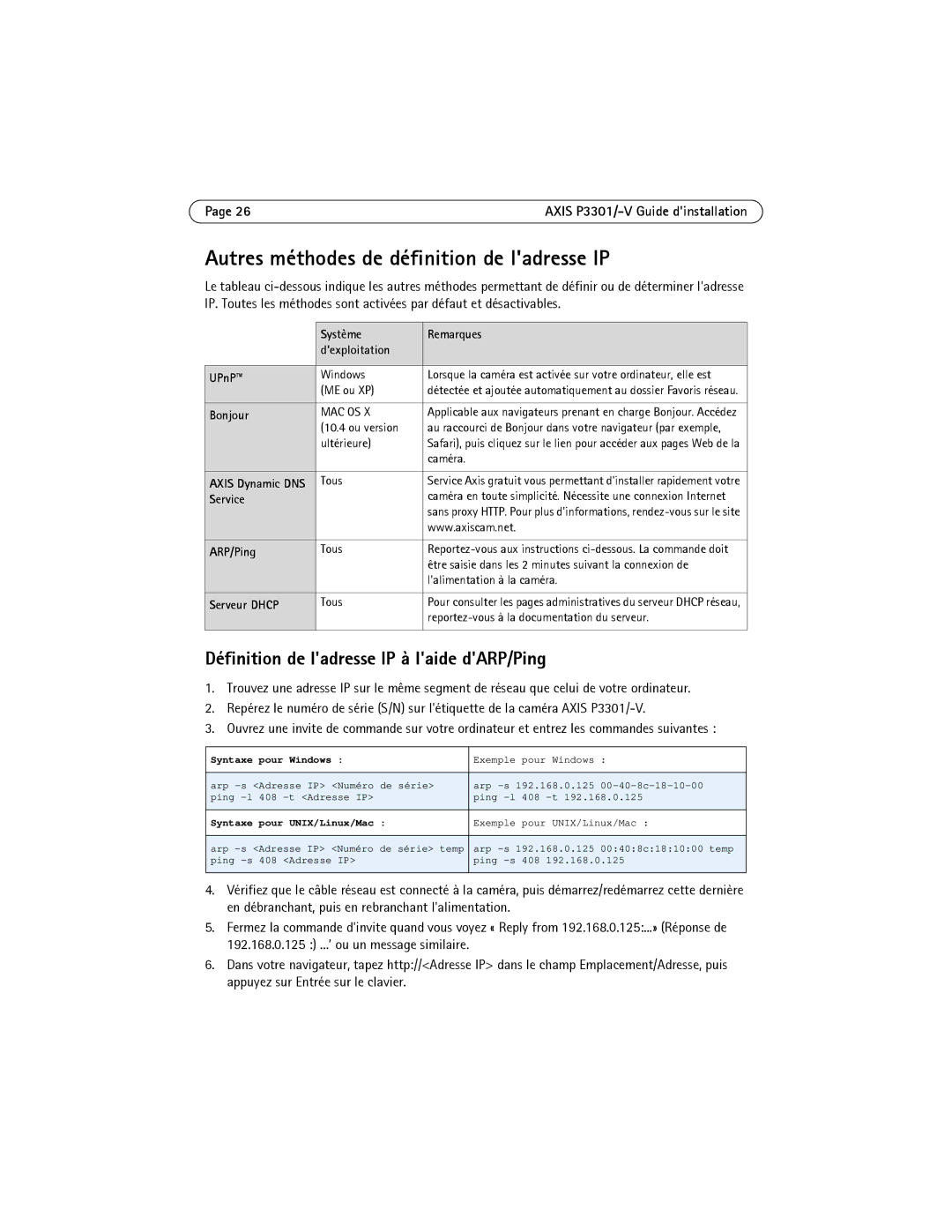 Axis Communications AXIS P3301-V Autres méthodes de définition de ladresse IP, Définition de ladresse IP à laide dARP/Ping 