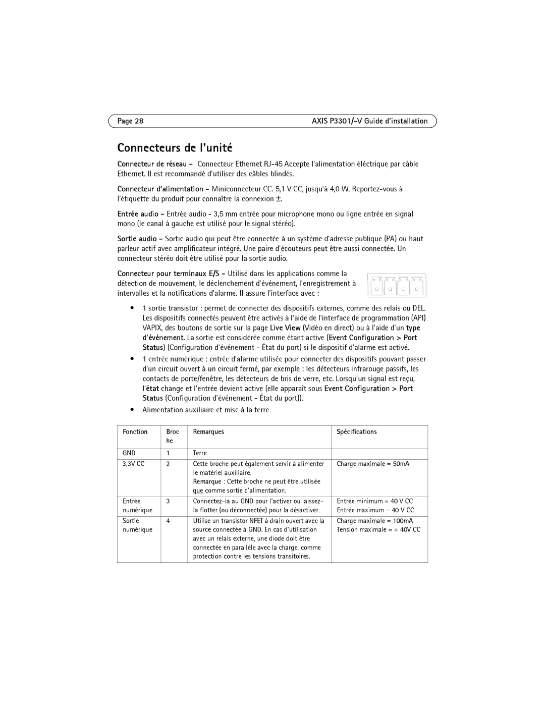 Axis Communications AXIS P3301-V manual Connecteurs de lunité, Alimentation auxiliaire et mise à la terre 