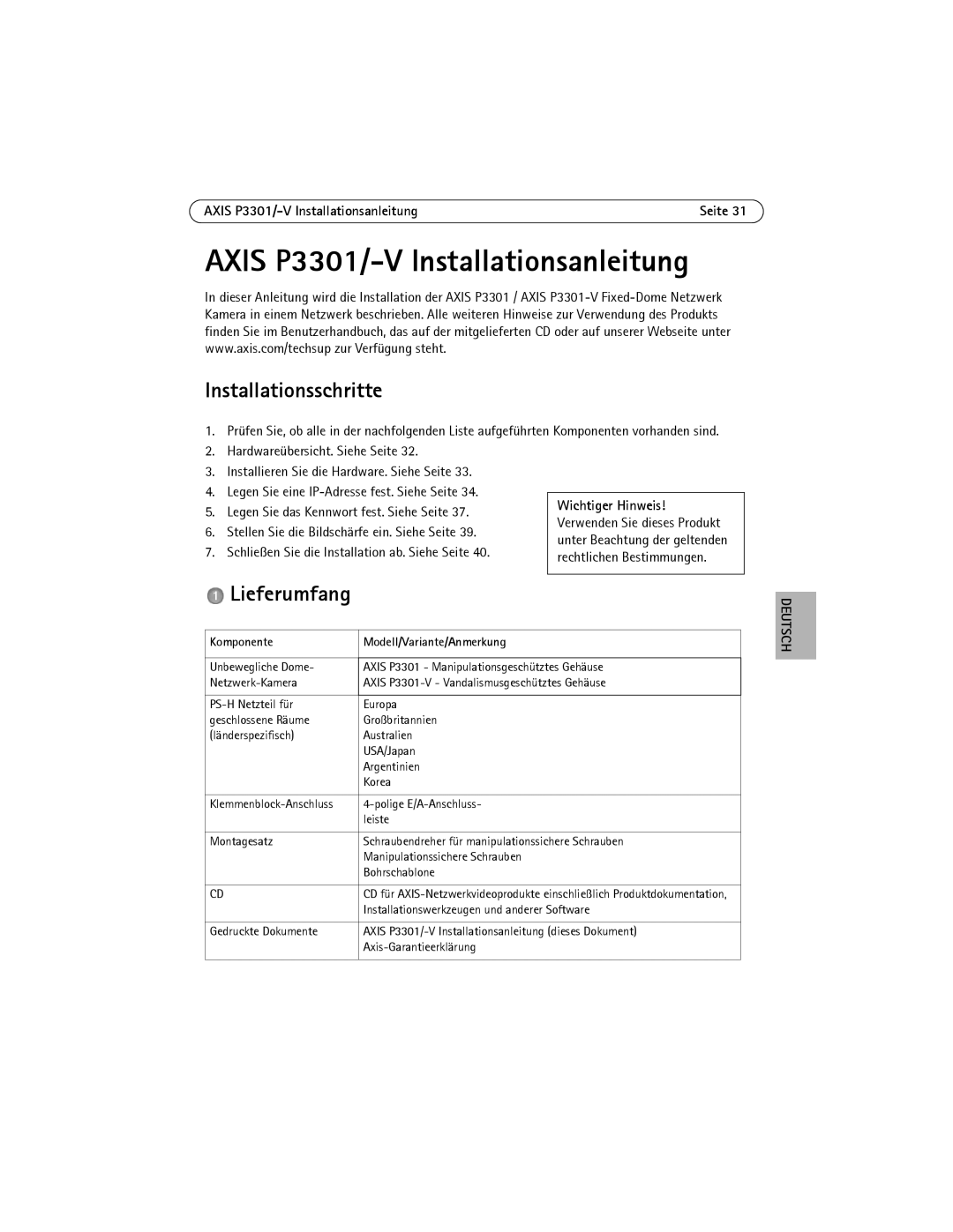 Axis Communications AXIS P3301-V manual Installationsschritte, Lieferumfang, Axis P3301/-V Installationsanleitung 