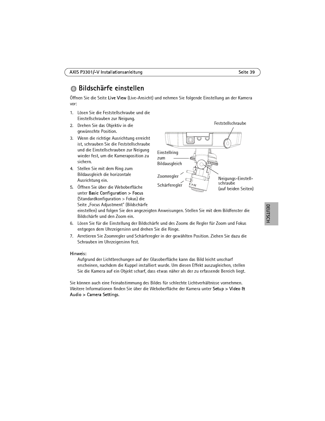 Axis Communications AXIS P3301 Bildschärfe einstellen, Einstellring, Ausrichtung ein, Unter Basic Configuration Focus 