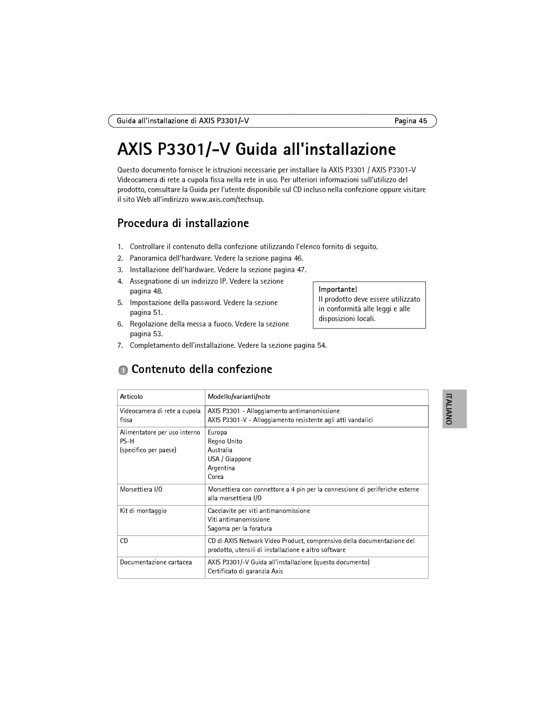 Axis Communications AXIS P3301-V manual Procedura di installazione, Contenuto della confezione, Importante 