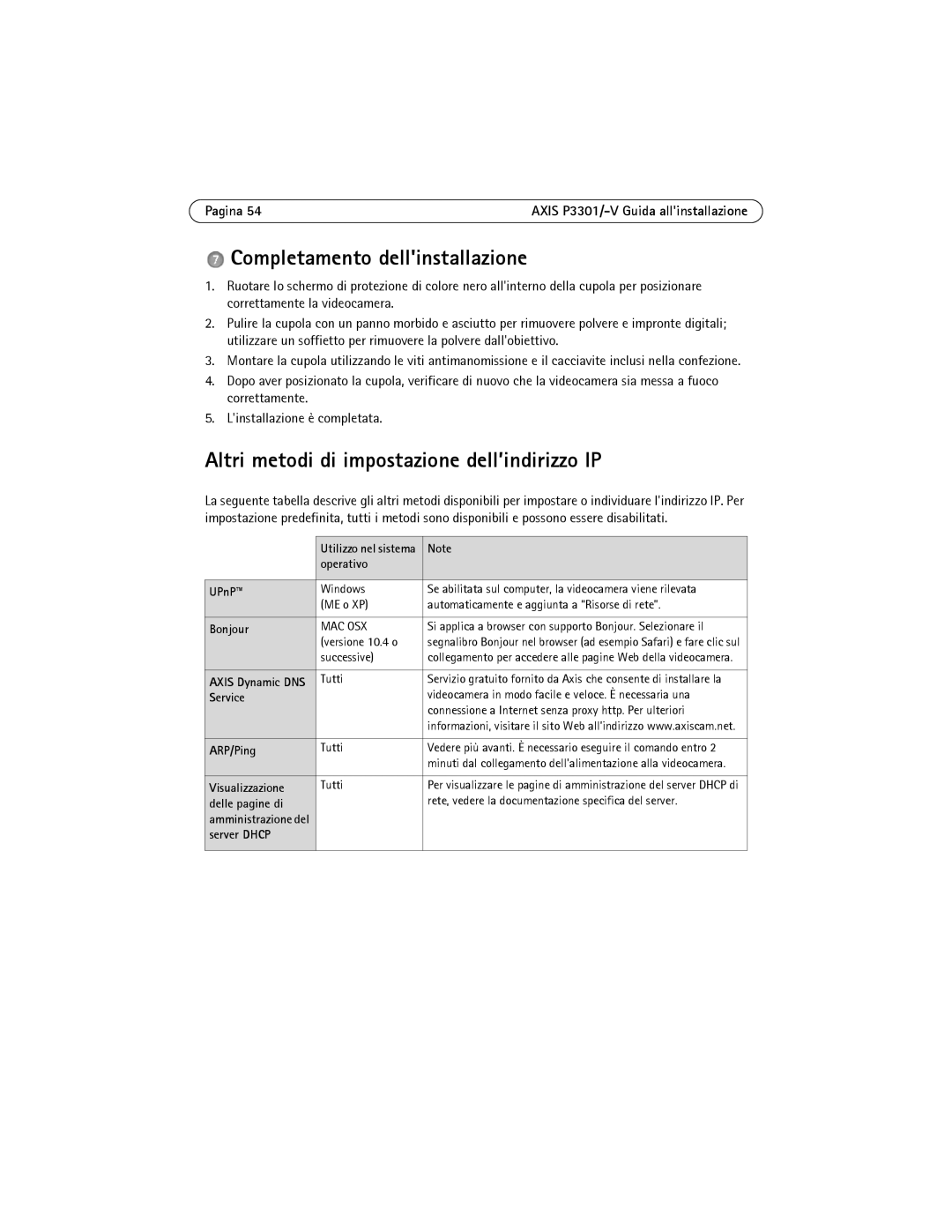 Axis Communications AXIS P3301-V manual Completamento dellinstallazione, Altri metodi di impostazione dell’indirizzo IP 