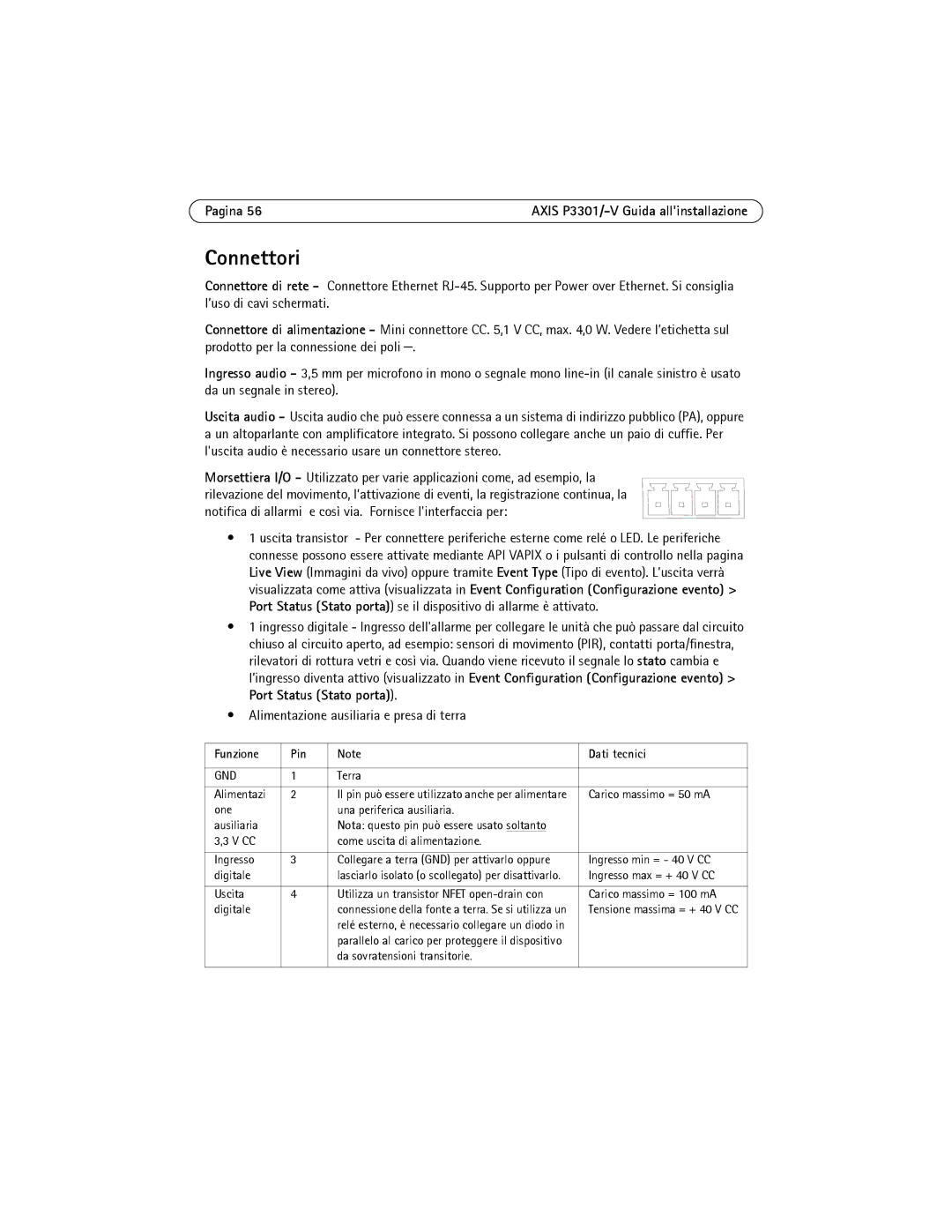 Axis Communications AXIS P3301-V manual Connettori, Alimentazione ausiliaria e presa di terra, Funzione Pin Dati tecnici 