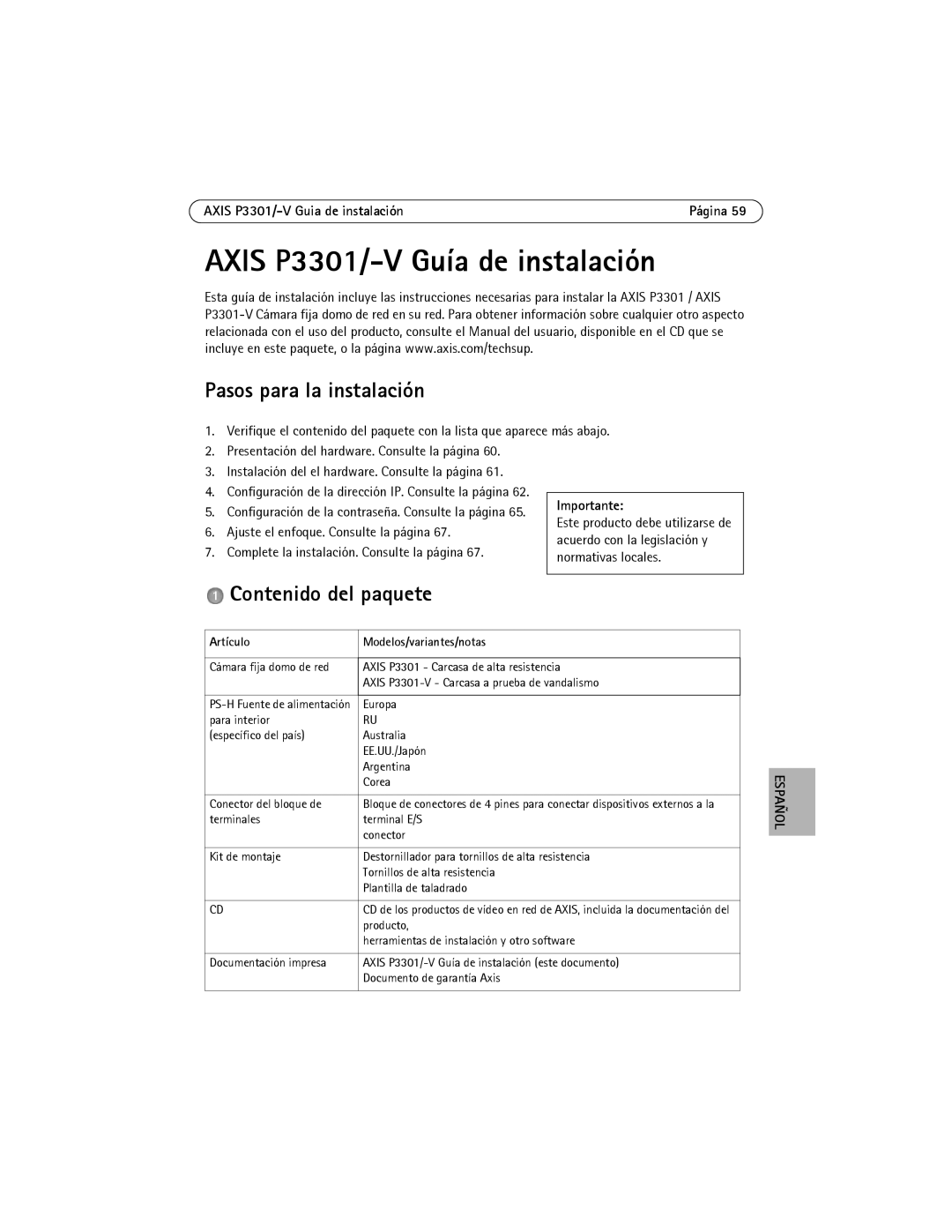 Axis Communications AXIS P3301 manual Pasos para la instalación, Contenido del paquete, Axis P3301/-V Guia de instalación 