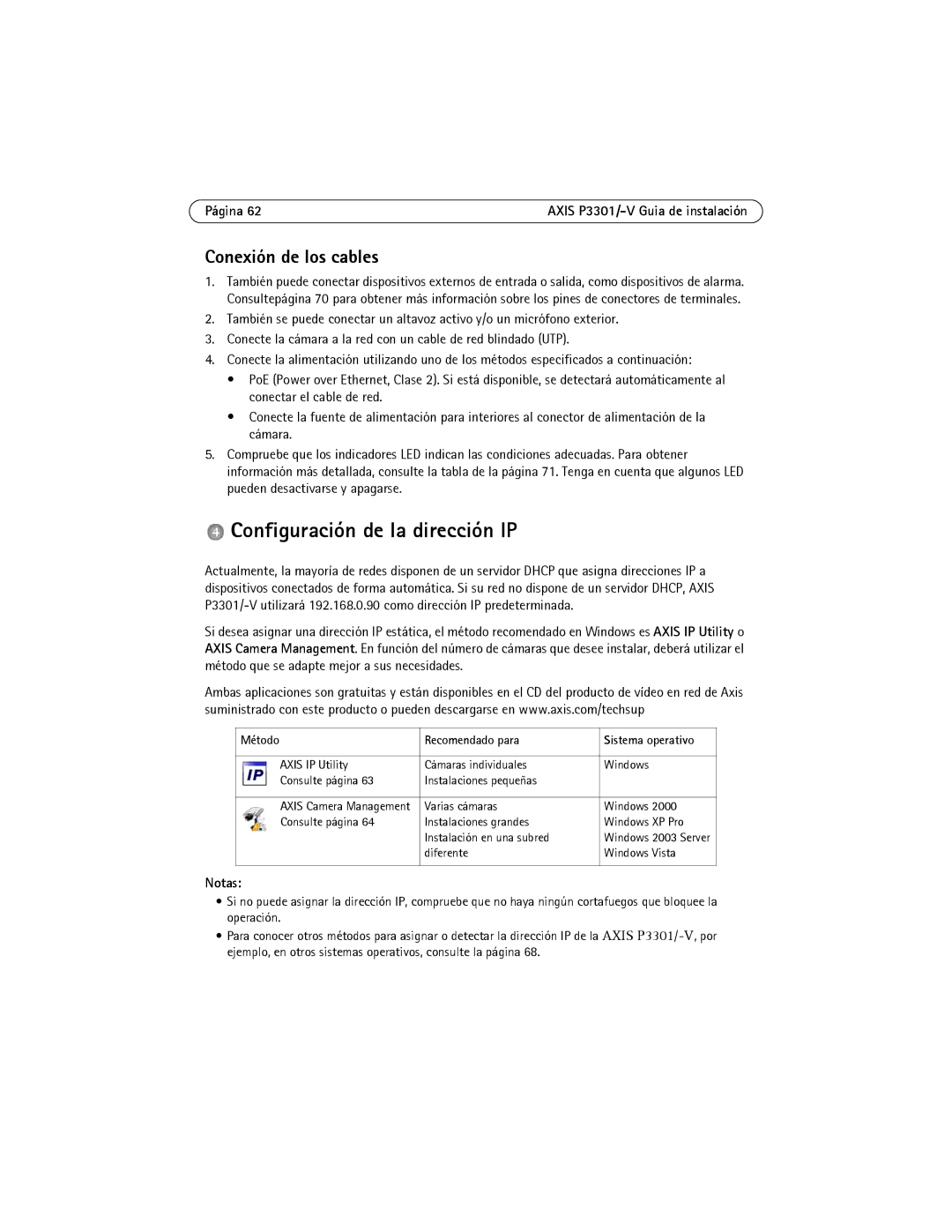 Axis Communications AXIS P3301-V Configuración de la dirección IP, Conexión de los cables, Notas, Método Recomendado para 