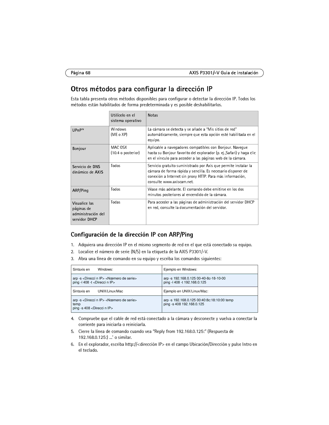 Axis Communications AXIS P3301-V manual Otros métodos para configurar la dirección IP 