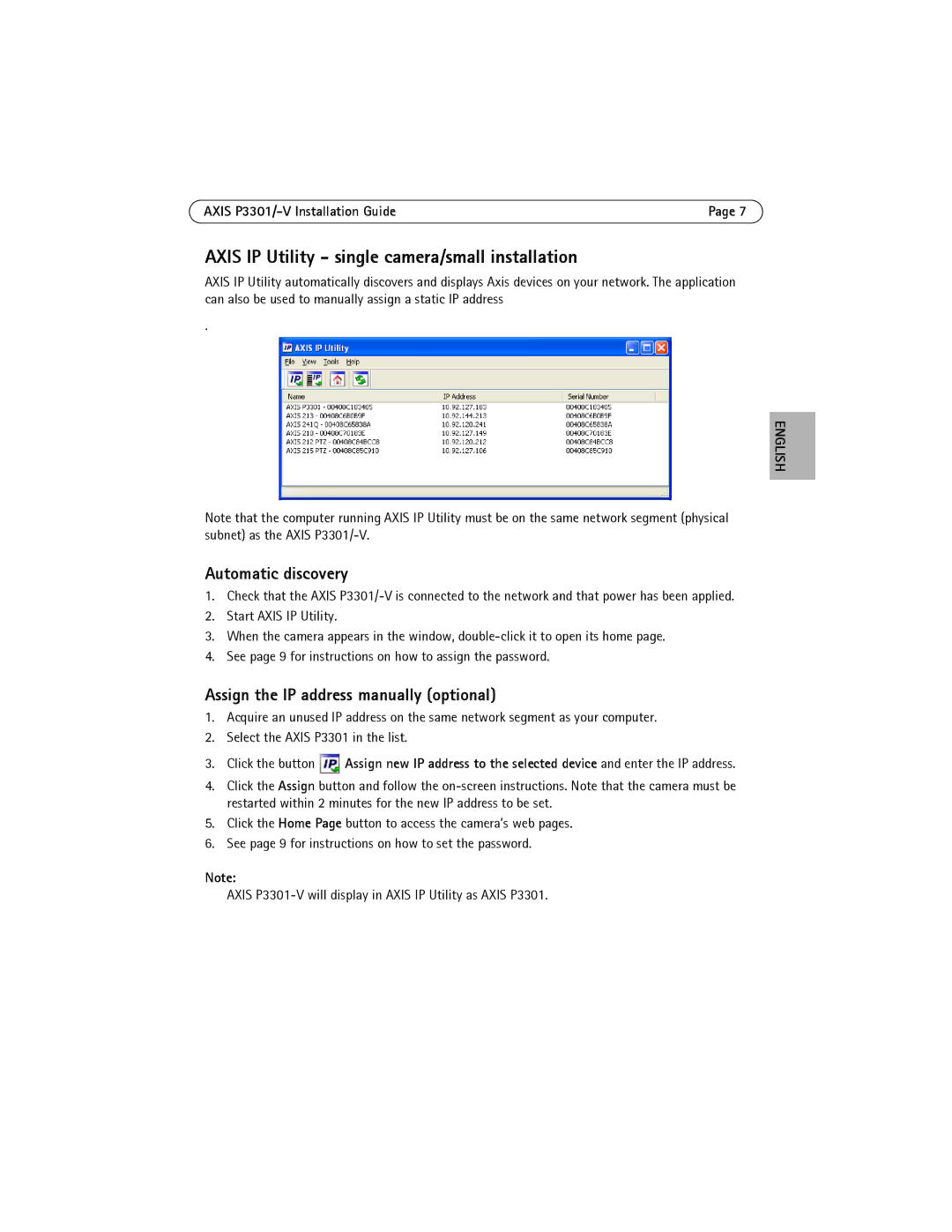 Axis Communications AXIS P3301-V manual Axis IP Utility single camera/small installation, Automatic discovery 