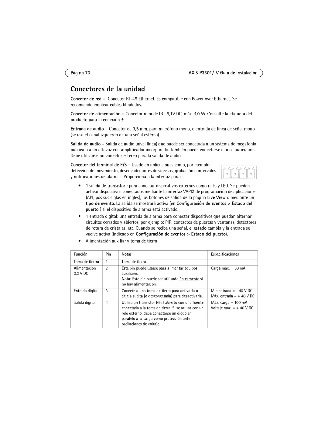 Axis Communications AXIS P3301-V manual Conectores de la unidad, Alimentación auxiliar y toma de tierra 