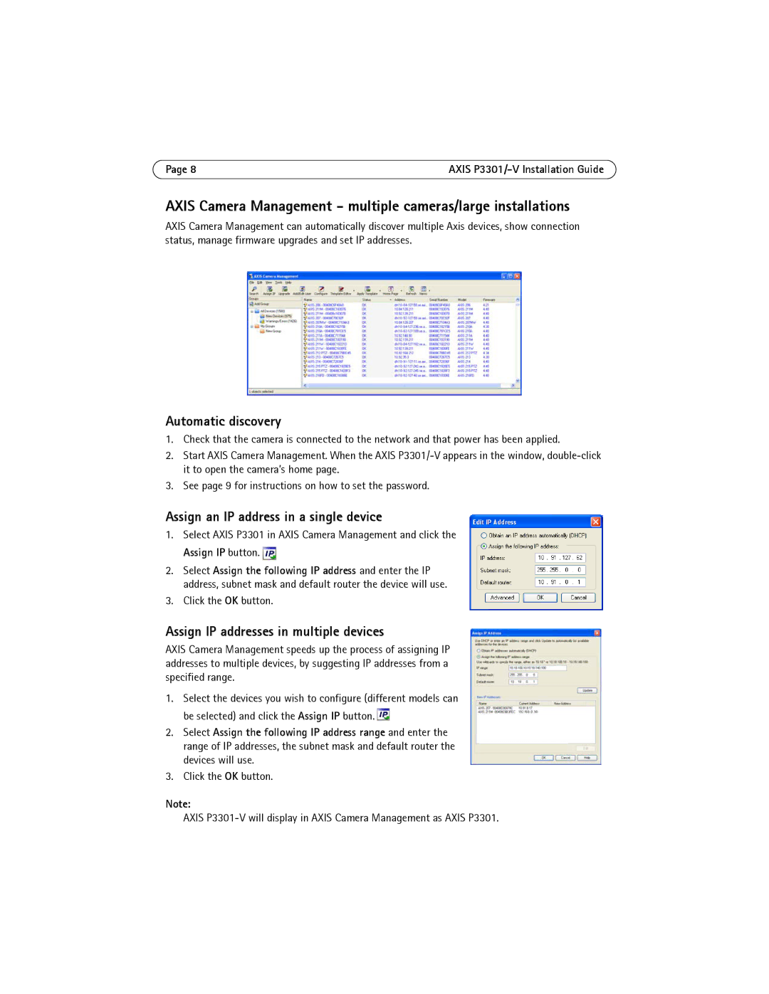 Axis Communications AXIS P3301-V manual Axis Camera Management multiple cameras/large installations, Click the OK button 