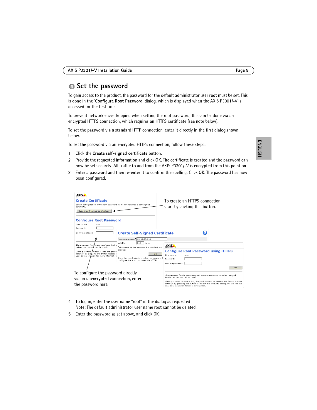 Axis Communications AXIS P3301-V manual Set the password, Click the Create self-signed certificate button 