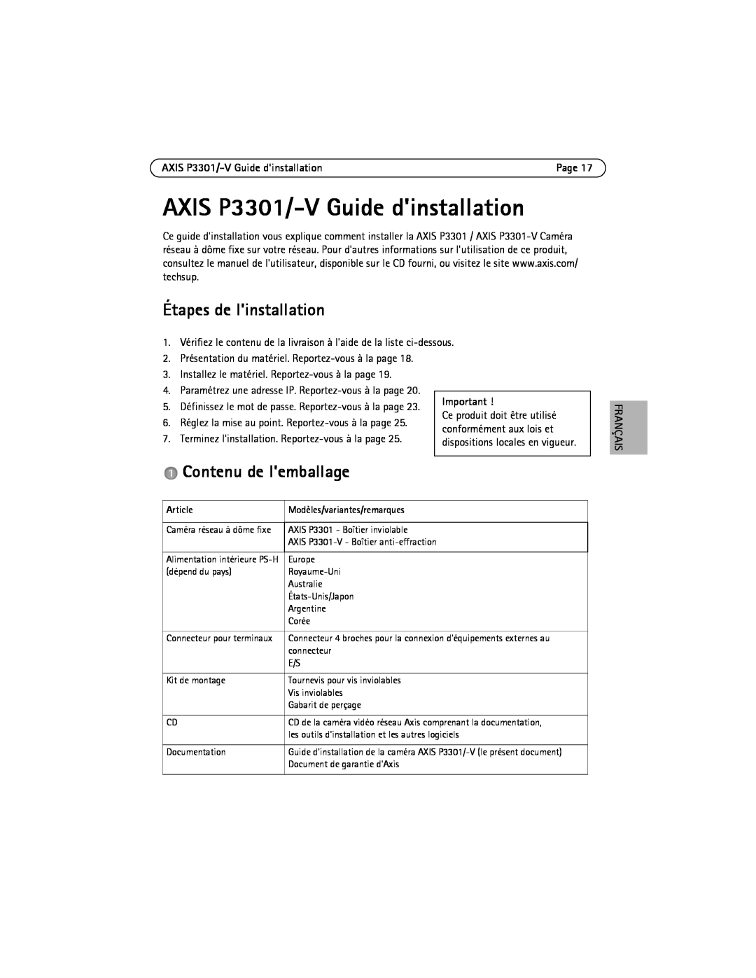 Axis Communications manual AXIS P3301/-V Guide dinstallation, Étapes de linstallation, Contenu de lemballage, Français 