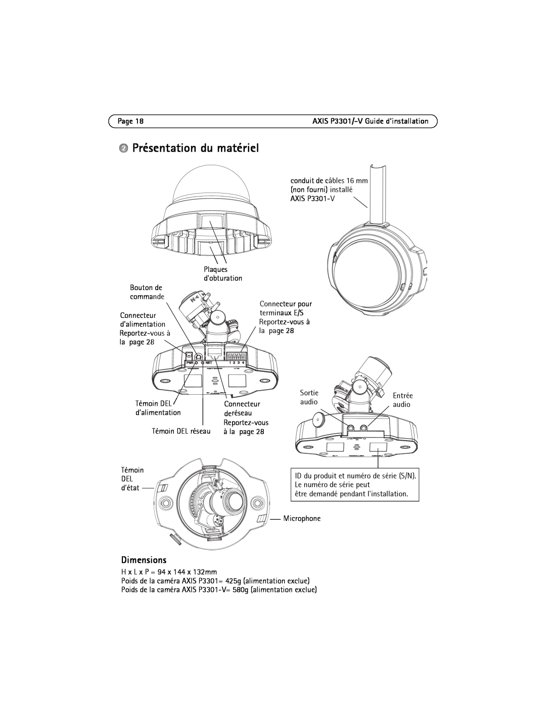 Axis Communications AXIS P3301-V manual Présentation du matériel, Dimensions, Page 
