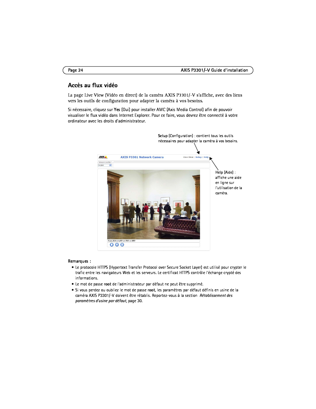 Axis Communications AXIS P3301-V manual Accès au flux vidéo, Page, Remarques 