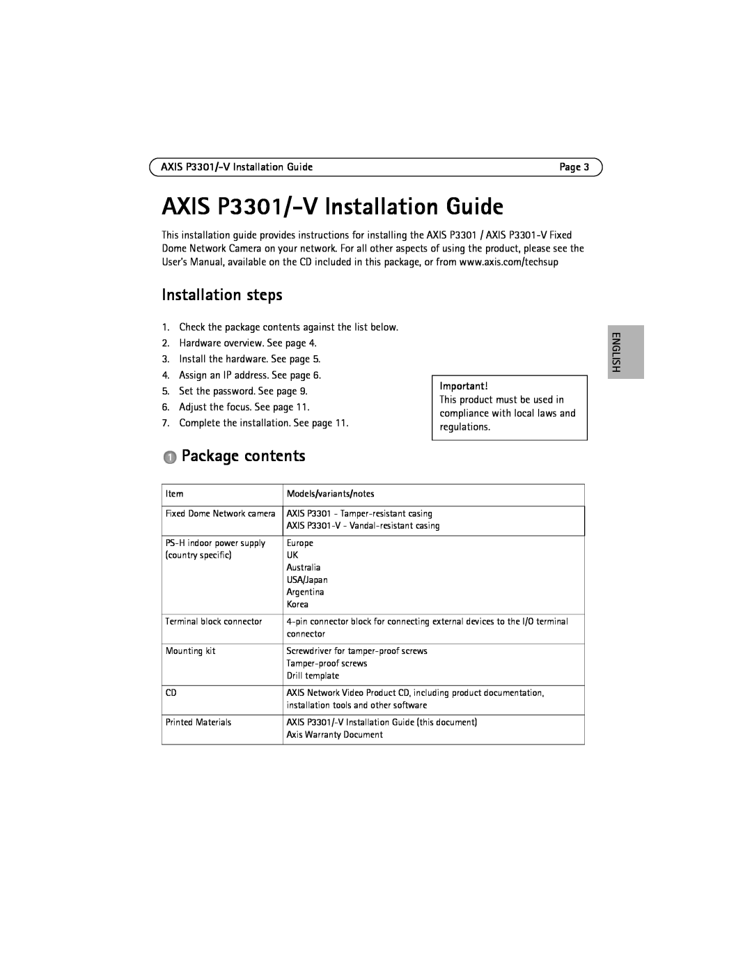 Axis Communications AXIS P3301-V manual AXIS P3301/-V Installation Guide, Installation steps, Package contents, English 