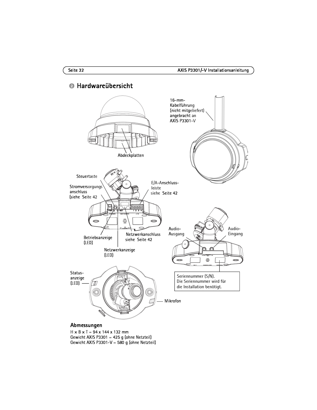 Axis Communications AXIS P3301-V manual Hardwareübersicht, Abmessungen, Seite 